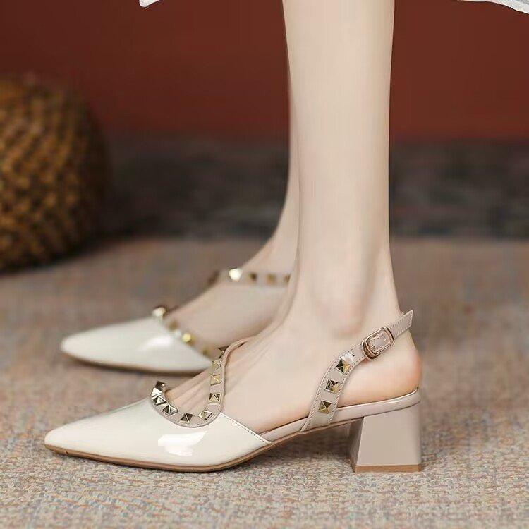 2025 Summer New Mid-heel Nude High Heels French Niche Thick Heel Pointed Head Rivet Bag Head Empty Sandals Women