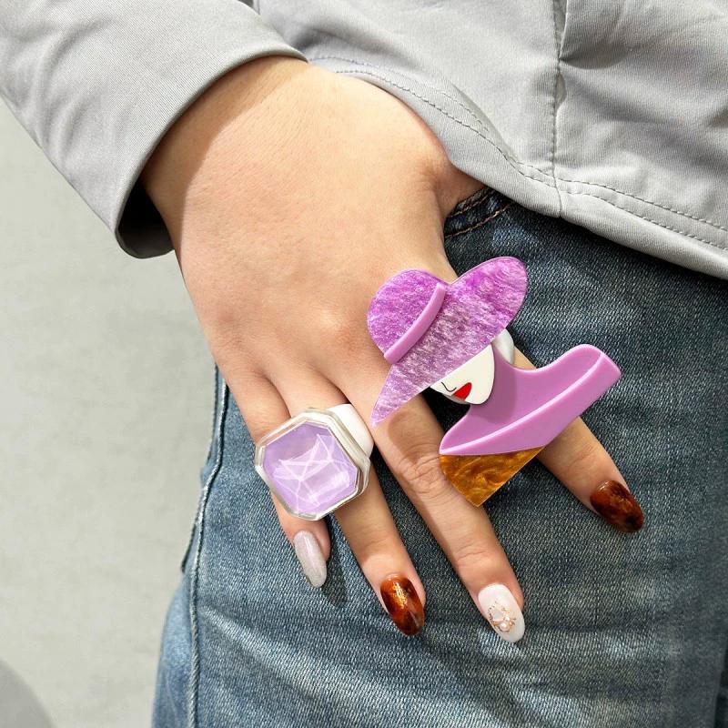 Octagonal Square Diamond Rings Acrylic Rings With Trendy Girl Patterns Wearing Hats Fashion Personalized Jewelry Accessories
