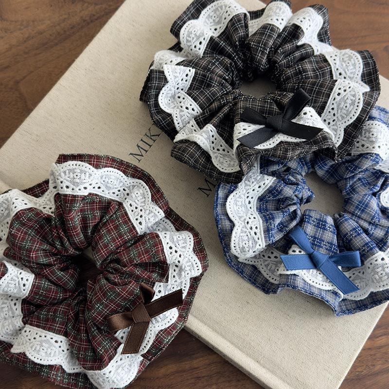 Ретро Клетчатые Кружевные Резинки для Волос Ободки для Женщин Девушек Милые Резинки для Волос Завязки Хвост Резинки Модные Аксессуары