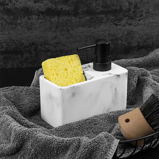 Kitchen Soap Dispenser Press Type Pump Marble Surface Large Capacity Leakproof with Storage Compartment Sink Fish Rag Holder Bathroom Lotion Container