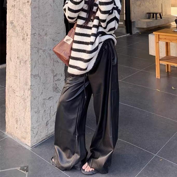Женские черные кожаные брюки, свободные широкие брюки с высокой талией для девочек Y2K, повседневная уличная одежда