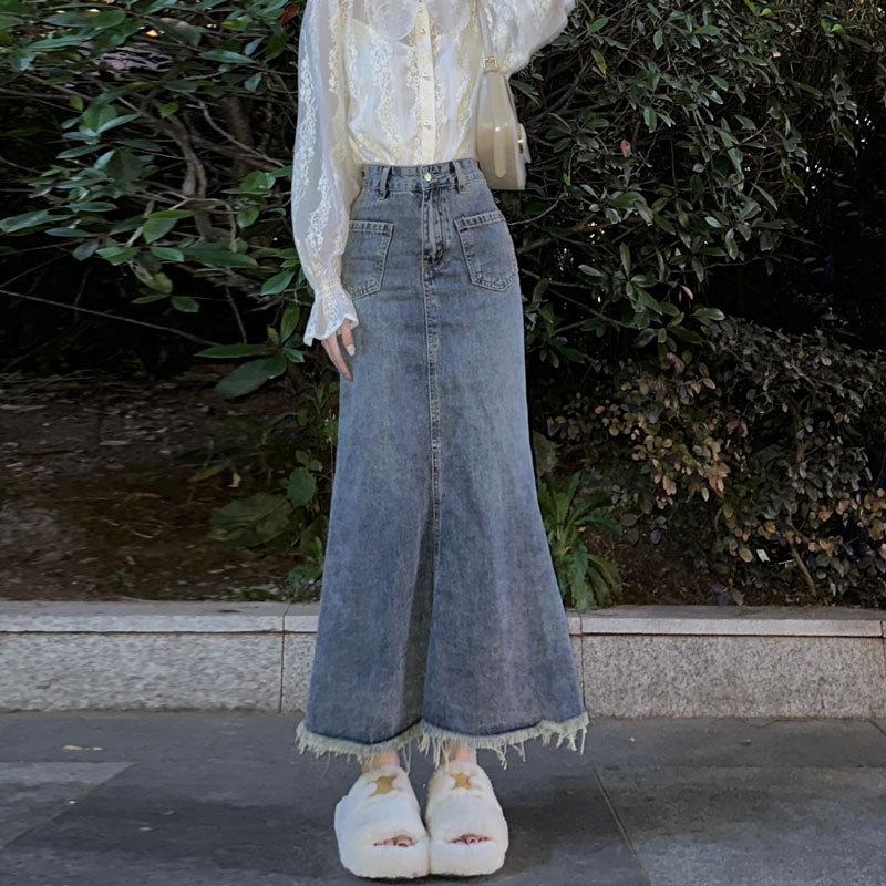 Fishtail Denim Skirt Female Summer Models Pear-shaped Cover Meat High-waisted Thin Package Hip Mid-length Skirt Burlap A-line Half-body Skirt Skirt