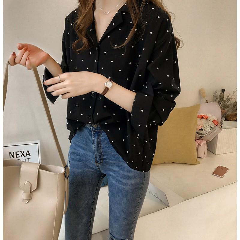 Women's Plus Size Polka Dot Chiffon Long-Sleeve Shirt - Hong Kong & Korean Style