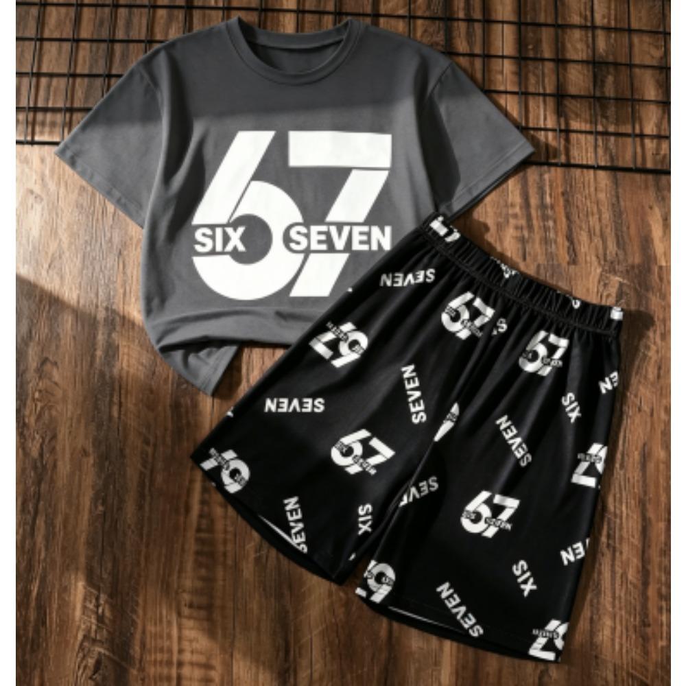 Мужской Комплект Six Seven 67 с Принтом Мужская Футболка и Шорты Комплект из 2 Предметов Летний Повседневный Уличный Мужские и Женские Комплекты с Футболками