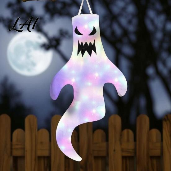 Halloween Garden Atmosphere Lights 47 Inch Hanging Ghost Windsock with LED Lights Luminous Flying Ghosts Front Door Decor Flag Wind Socks for