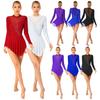 Womens Ice Skating Outfit Glittery Rhinestone Sheer Mesh Patchwork Dress Irregular Hem Long Sleeve Dresses