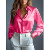 Women's Satin Shirts Elegant Plain Long Sleeve Blouse Office Lady Button-Up Shirt Top Autumn Female Crew Neck Shirts Blouse