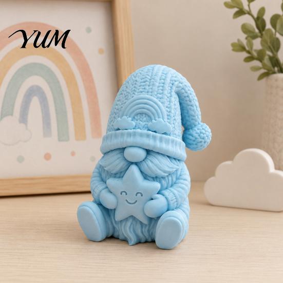 Modern Bedroom Shelf Accents 3D Printed Gnome Figurine Holding Smiling Star, Faceless Statue with Knitted Texture Art Statues Knit Hat, Cute Christmas
