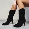Fashion New Style Popular Vintage Pleated Pointed Toe Mid-Calf Boots Women Thin Low Heels Shoes Fashion Short Ladies Boots Zapatos Mujer