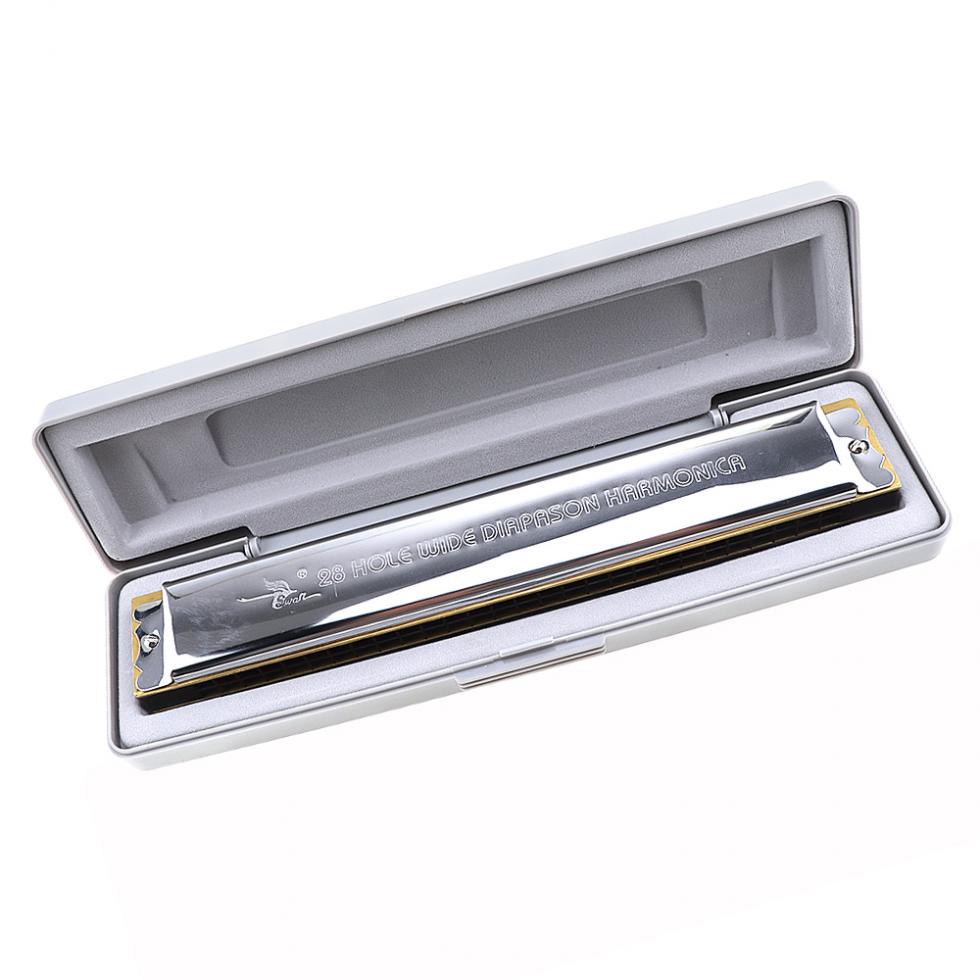 Серебряная губная гармошка с 28 отверстиями, диатоническая блюзовая арфа, губная гармошка с пластиковой коробкой для начинающих