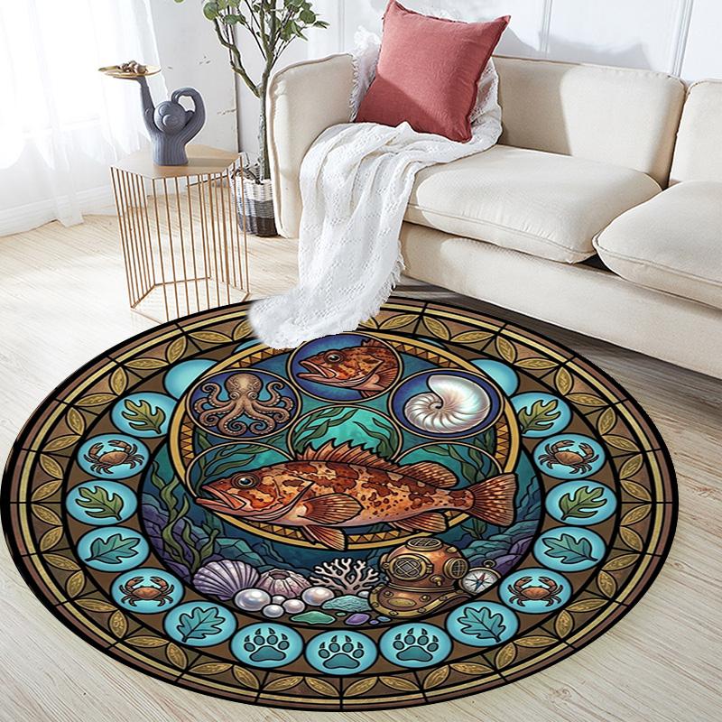 Ocean Life Glass Round Area Rug Under Office Chairs Bedroom Living Room Home Decor