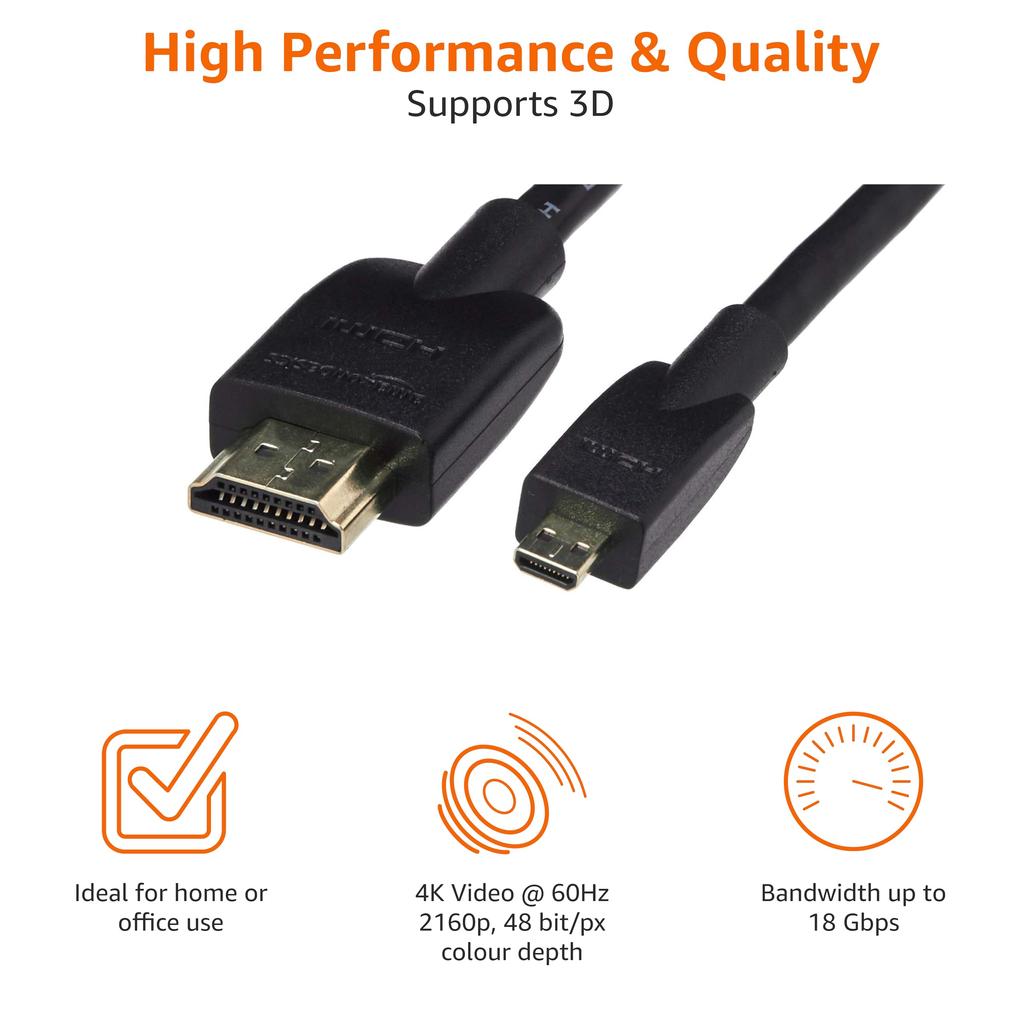Кабель AmazonBasics Micro HDMI-HDMI, совместимый с Ethernet, 3D 4K HDR ARC, черный (4K@60Гц, 18Гбит/с) 1.8м