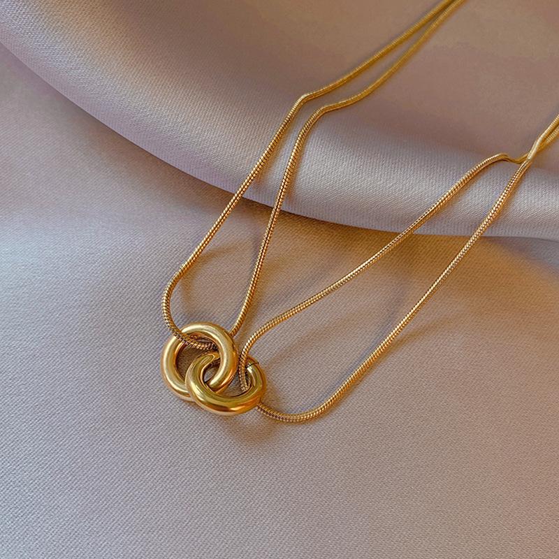 Подвеска-колье из нержавеющей стали с двойным кольцом для женщин, золотистая цепочка на шею в стиле панк-хип-хоп.