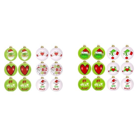 12Pcs Christmas Ornaments Santa Claus Hat Pattern Green White Shatterproof Balls Set Xmas Tree Decorations