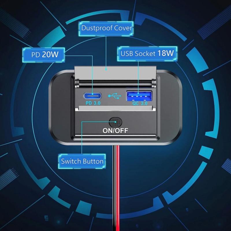 Быстрая зарядка Pd Type C, два порта USB, автомобильное зарядное устройство, адаптер розетки 12 В/24 В, панель питания USB с переключателем для морских мотоциклов