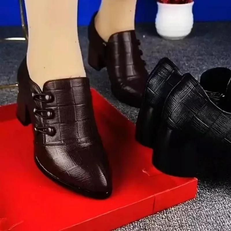 Fashion 2024 Autumn New Hot Selling High Heels Soft Leather Double Breasted Low Top Shoes Women's Shoes Retro Mom Shoes Zapatos Mujer