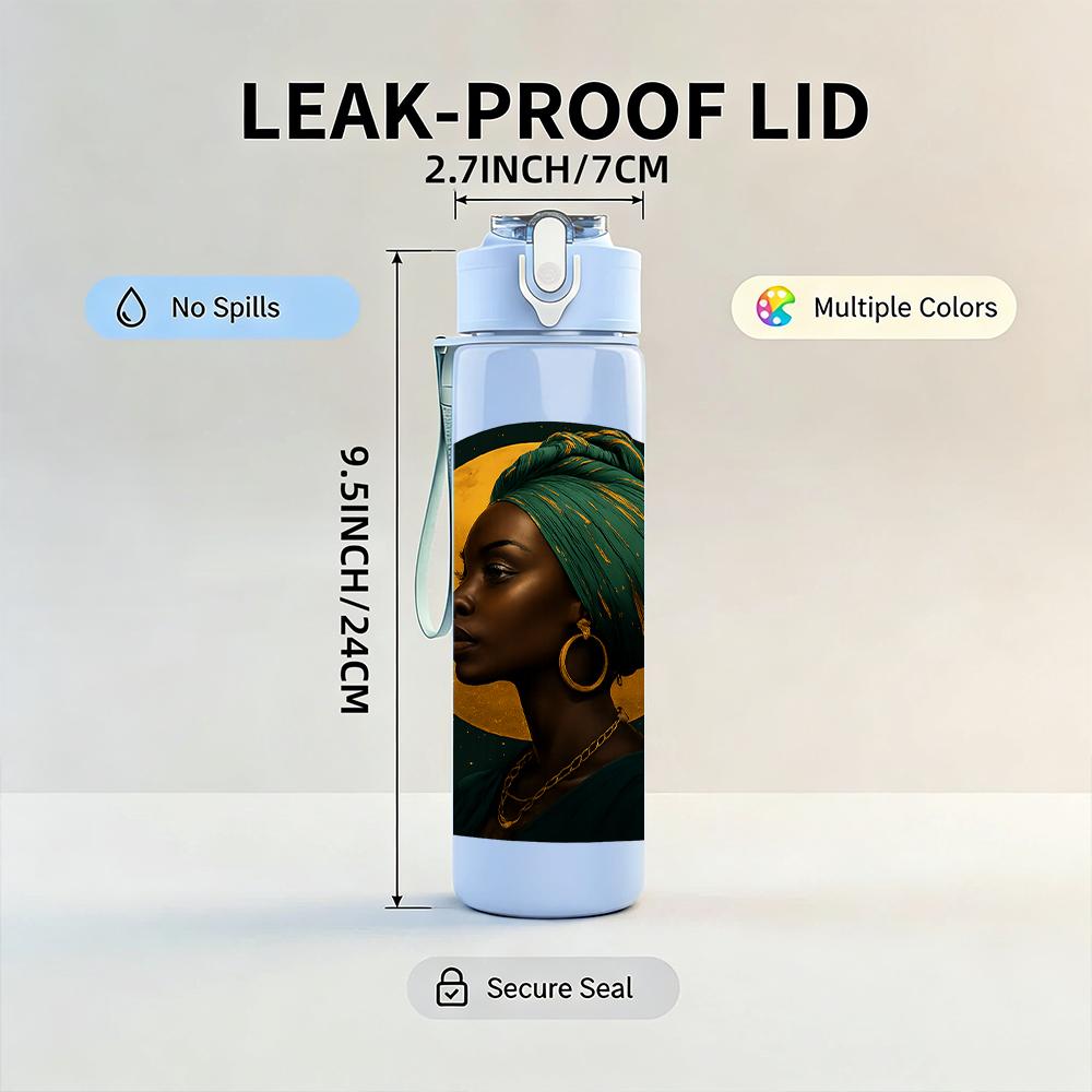 1PC African Lady Portrait Bust 750ml Color Plastic Sports Water Bottle Leakproof Flip Straw Lid For Sports Office Home Use