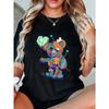 Women Casual T Shirt Black Colorful Patchwork Bear With Heart And Needles Print For Daily Wear And Fashion Outfits