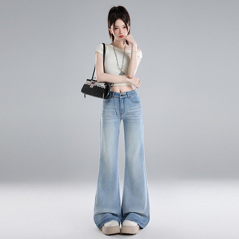 Retro light-colored washed jeans women's summer new high-waisted thin elastic micro-pull pants cat whisker micro-pull pants children
