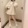 Autumn and Winter Woolen Coat Women's High-end Bow Furry Sleeves Loose Thickened Sweet Mid-length Coat