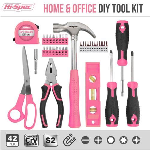 Hi-Spec 42-Piece Tool Set for Women: Precision Screwdriver Bits, Voltage Tester, Hammer, and Adjustable Wrench, Perfect for Home DIY, with Storage Cas