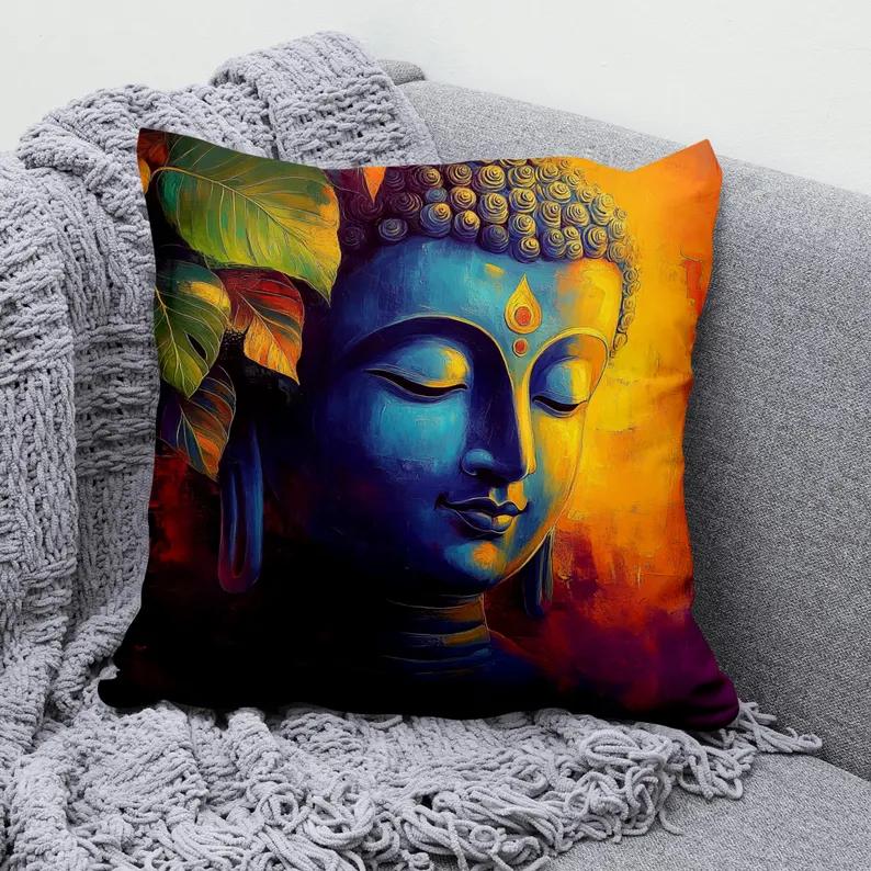 VIKAMA Buddha Statue Pillow Cover Watercolor Buddha Portrait Cushion Case For Yoga Studio Meditation Room Decor