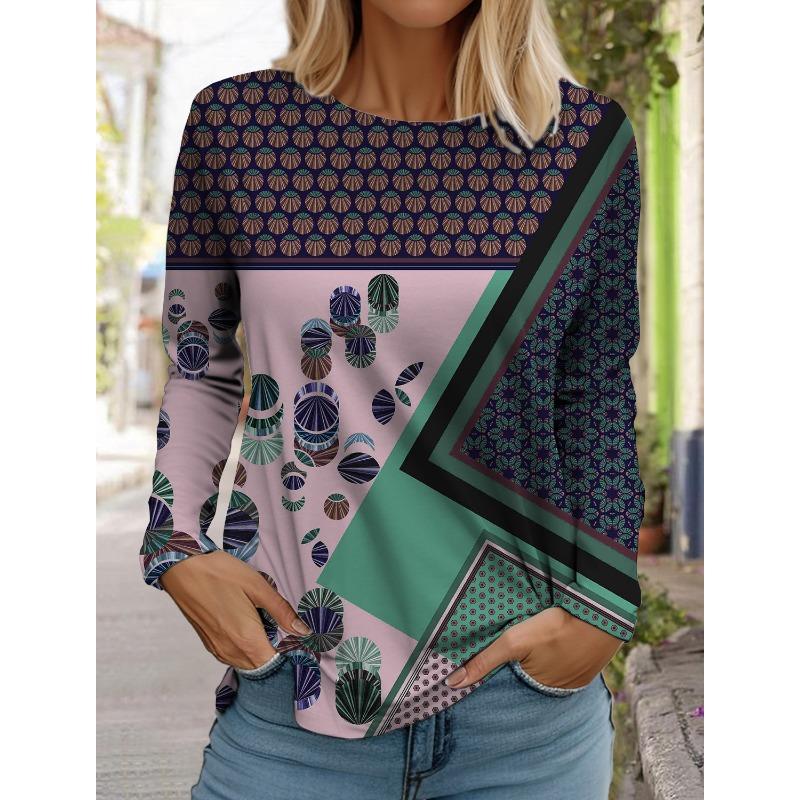 Women's White Long-sleeved Tops Round Neck Casual Tops 3d Printed Flowers Fashion Stickers Printed Women's Long-sleeved T-shirt