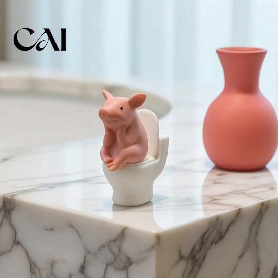 Bathroom Accessory Miniature Pink Pig Toilet Figurine, Sitting on Thinking Statue Statue, Cartoon Farm Animal Decoration for Home, Office,