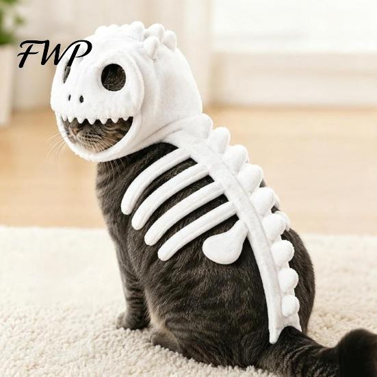 Soft Plush Cat Outfit Dinosaur Skeleton Costume, Glow-in-the-dark Pet Outfit, Cute Cape for Cats Apparel Halloween, Cosplay Party Clothes