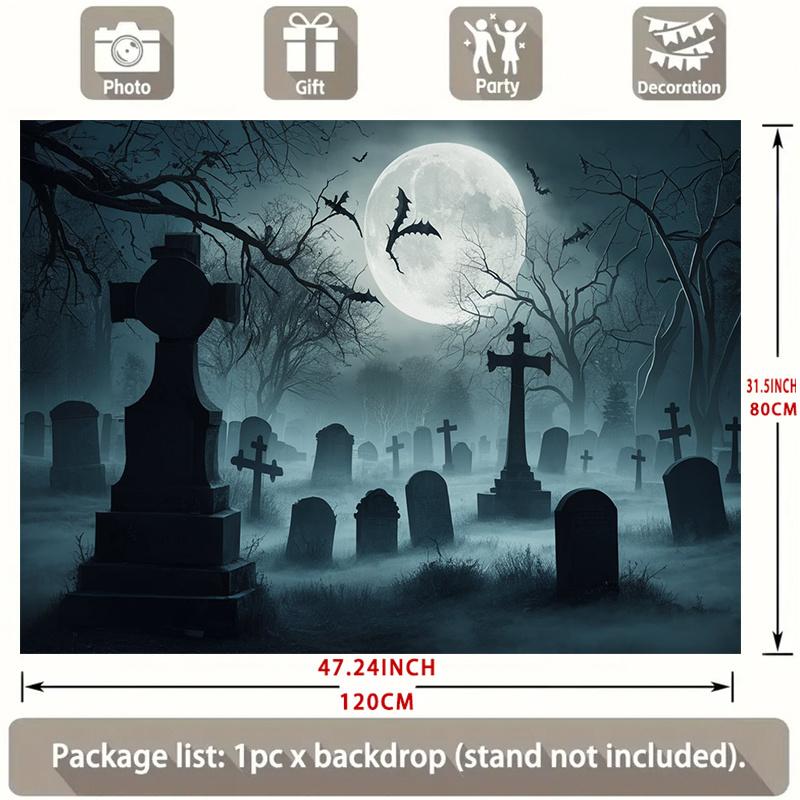 Moonlight Graveyard Party Banner - Scary Halloween decoration with full moon tombstones and bats