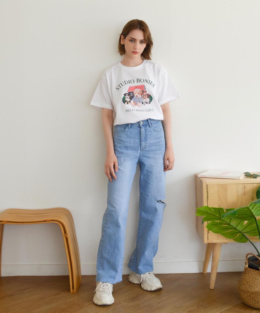 BONIEE Retro Puppy Trio Graphic T-Shirt White