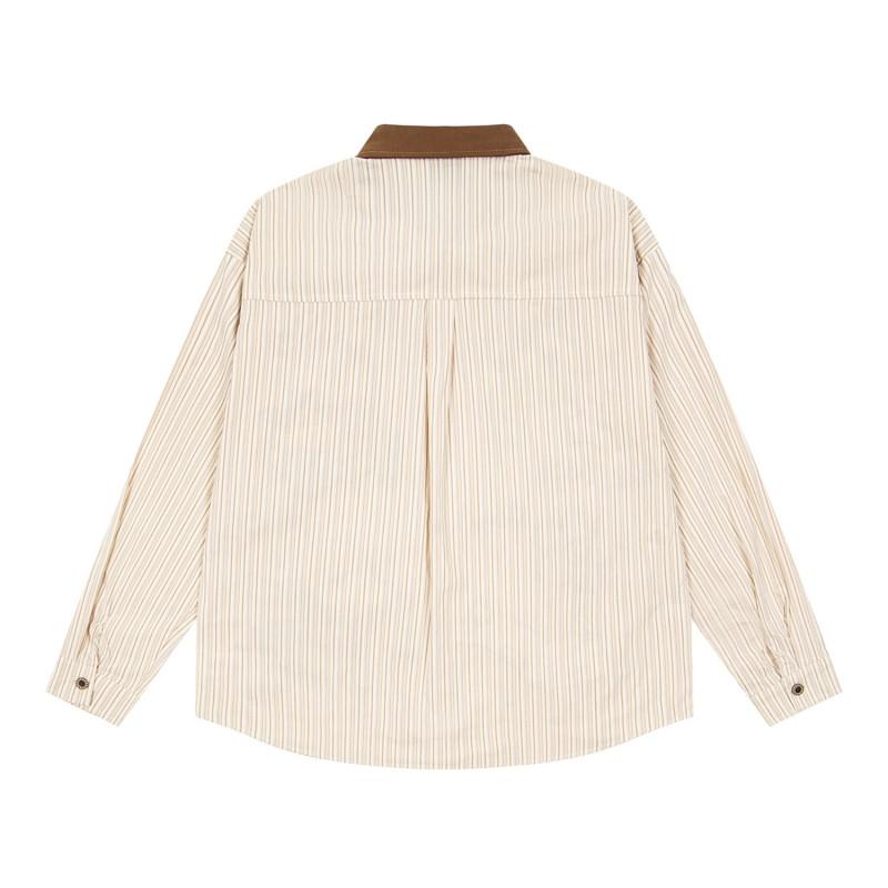 American Retro Kids Embroidered Striped Long Sleeve Shirt Loose Casual Button Up Top Teens