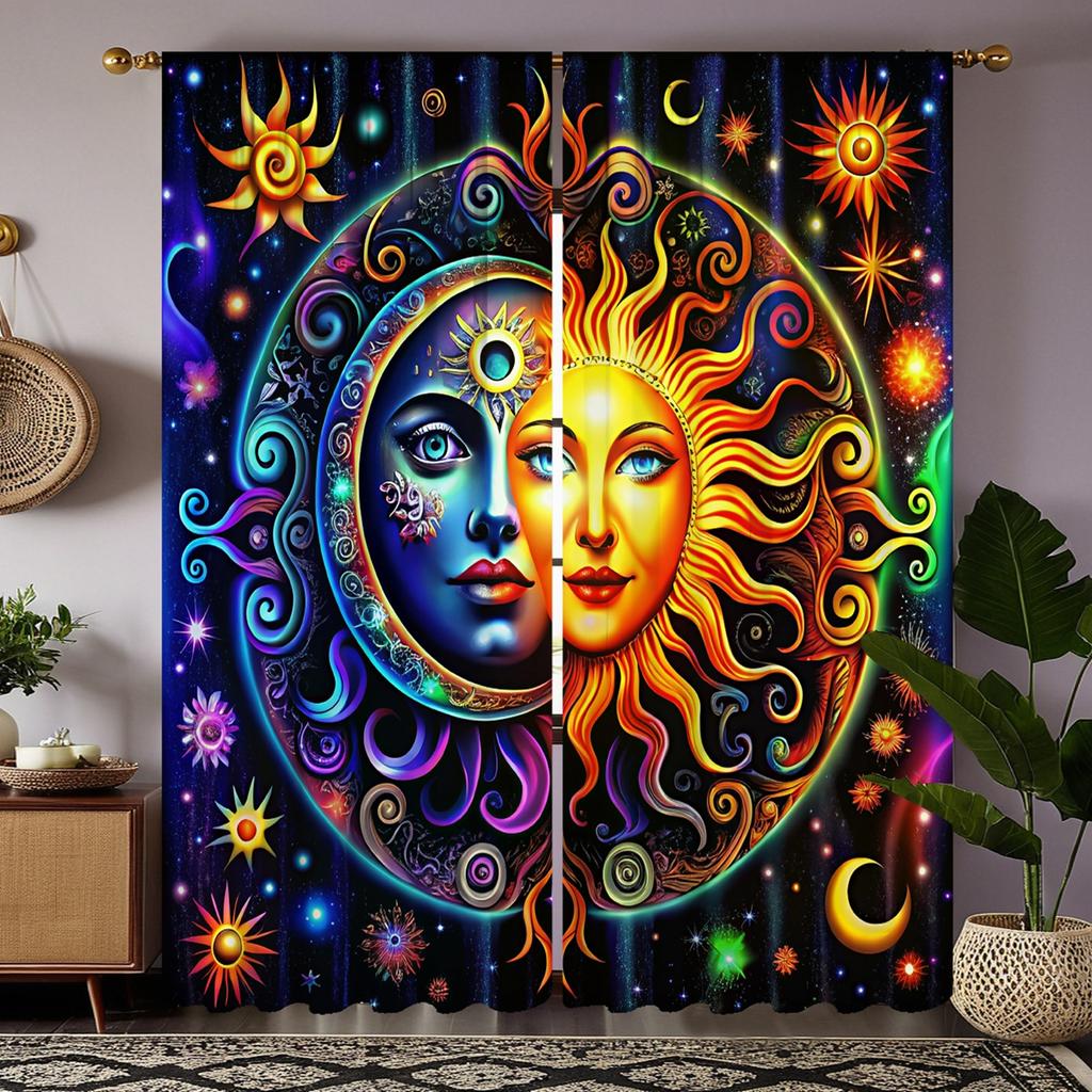 2 шт. цифровые шторы HD с принтом фиолетового звездного неба, солнца и луны, людей, стиль украшения дома, украшение гостиной, спальни