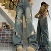 American Street Style High Waist Versatile Ripped Jeans for Women Summer Long Pants Hollow Straight Wide Leg Pants