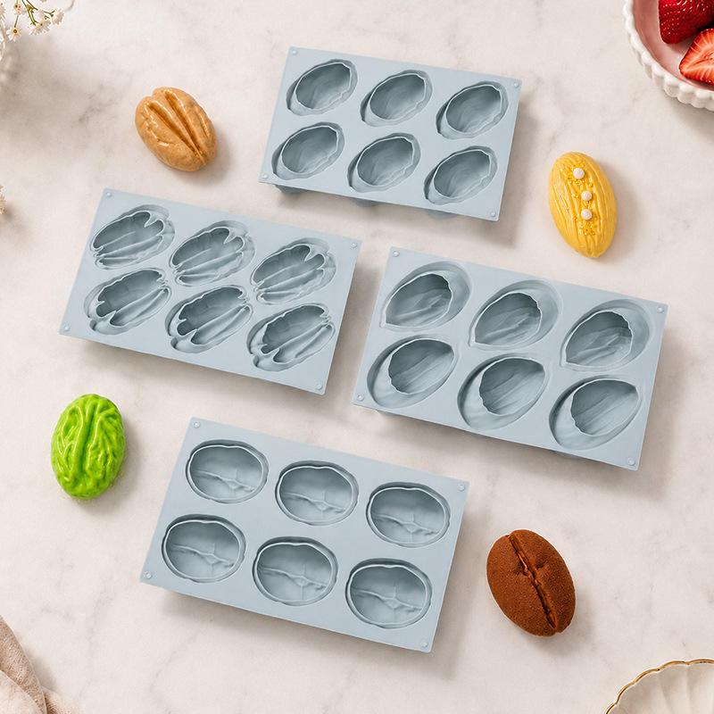 Silicone 6Cell Cake Mold Pistachio Pecan Coffee Bean Design For Chocolate Mousse Baking Kitchen Party Reusable Tray