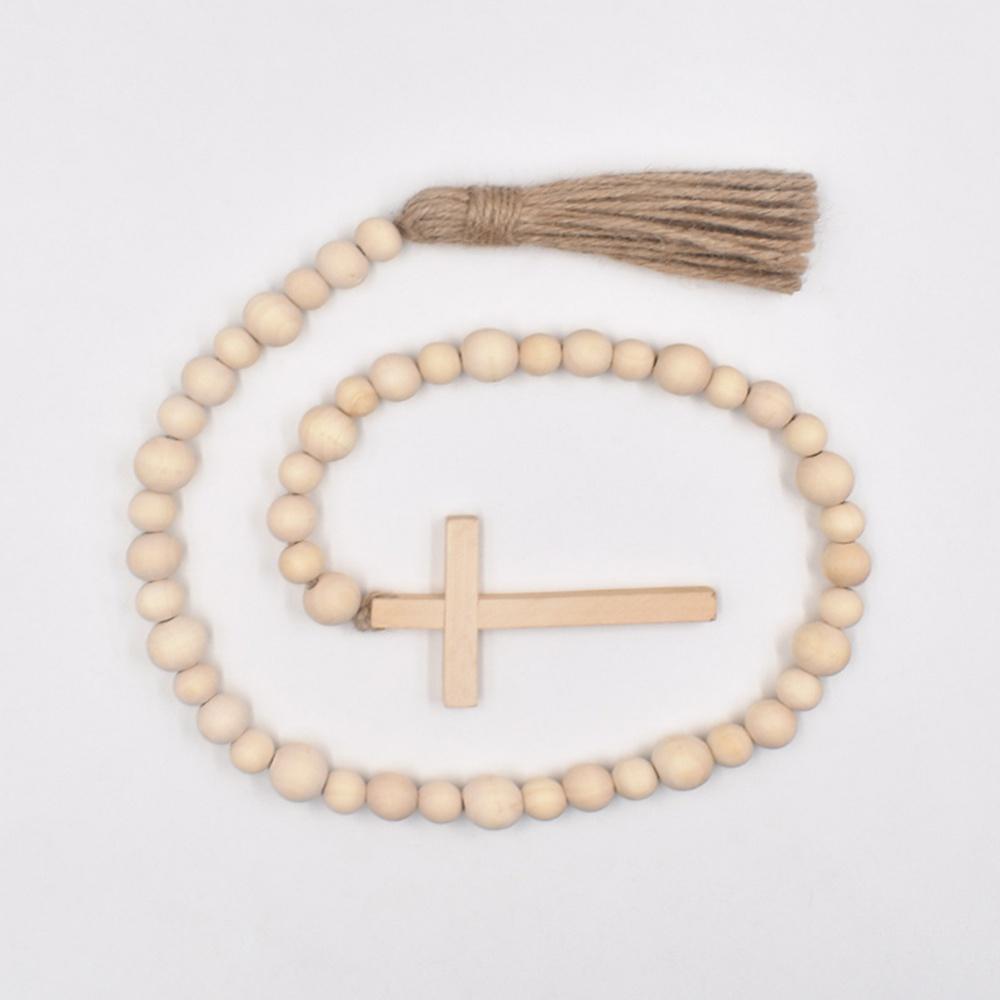Wood Bead Garland with Tassels Farmhouse Beads Religious Wood Bead