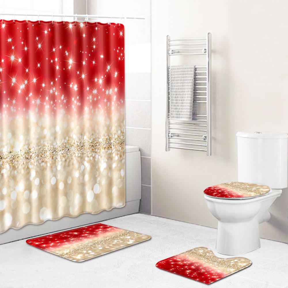 Christmas Shower Curtain Floor Mat Combination Four-Piece Set Bathroom Toilet Carpet Shower Room Mat Foot Mat