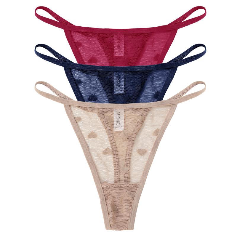 3 шт. Кружевные прозрачные трусики-стринги Женские сексуальные с низкой посадкой Бесшовное нижнее белье Сердце Прозрачные сетчатые трусики Интимное белье