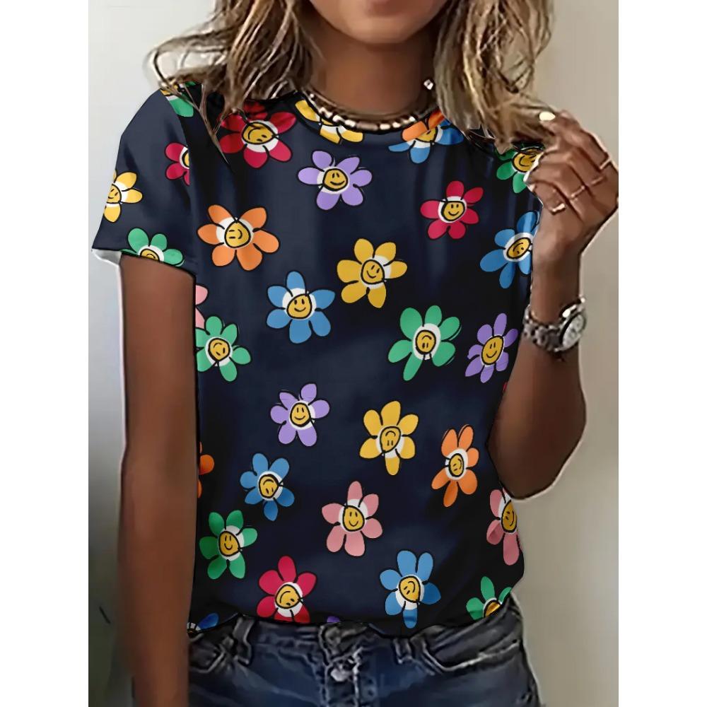 Богемный стиль Красочные цветы Женские футболки Новые летние пляжные повседневные топы для вечеринок Футболки для девочек Милая футболка с коротким рукавом для леди