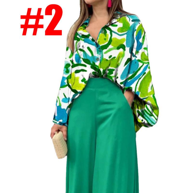 Women's Sets Casual Loose Plus Size Lapel Printed Long Sleeve Shirt Solid Color High Waist Wide Leg Pants