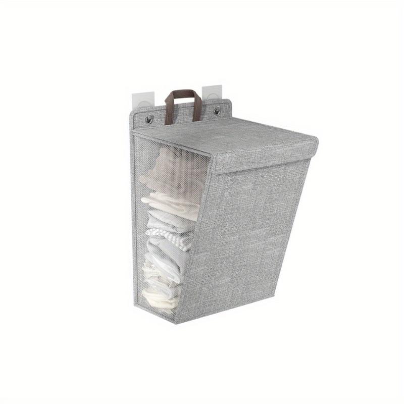 1pc Foldable Adhesive Laundry Basket Hamper, Multifunctional Punch Free Wall Hanging Washing Clothes Mesh Hook Organizer