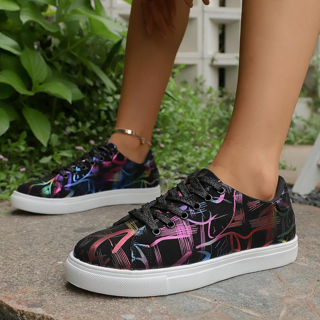 Fashion 2025 New Fashion Flat Sneakers for Women, Thick-soled, Graffiti Color-blocking Casual Single Shoes Zapatos De Mujer