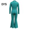 Women Fall Spring Jumpsuit Lapel Half Single-breasted Solid Color Long Sleeve Slim Fit Flared Cuff Low-cut Belted High Waist Elastic Lady Long