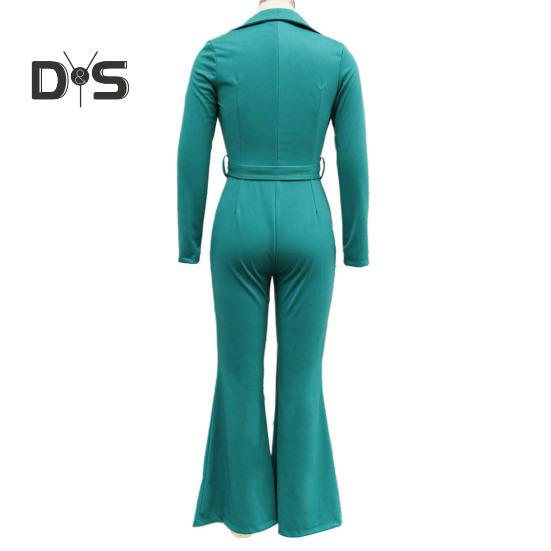 Women Fall Spring Jumpsuit Lapel Half Single-breasted Solid Color Long Sleeve Slim Fit Flared Cuff Low-cut Belted High Waist Elastic Lady Long