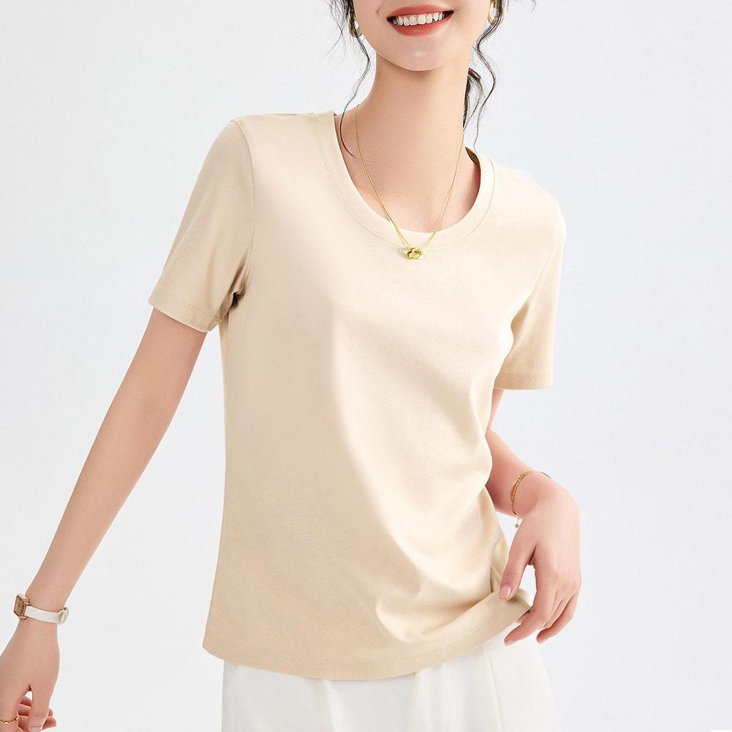 Women's Double-Sided Mercerized Cotton Slimming T-Shirt: Cool, Breathable, Plus Size, Regular Shoulder, Round Neck, Short Sleeve, Summer Wear.