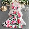 Summer Designer Rose Print Runway 2 Piece Set Women's Spaghetti Strap Vest Tops And Long Midi Skirt Holiday Beach Suit
