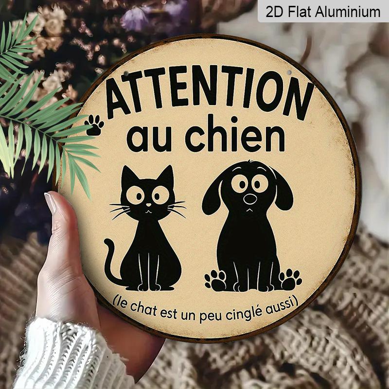 2D Flat, 1pc 7.87 Inch Round French Aluminum Sign, "Beware of Dog" Vintage Decorative Plaque, Pet Cat and Dog Reminder Decorative Art, Suitable for
