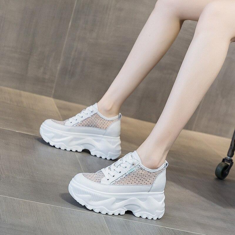 Fujin 8cm Lace Sequined Air Mesh Cow Genuine Leather Chunky Sneakers Wedge Platform Breathable Hollow Vulcanized Summer Ladies