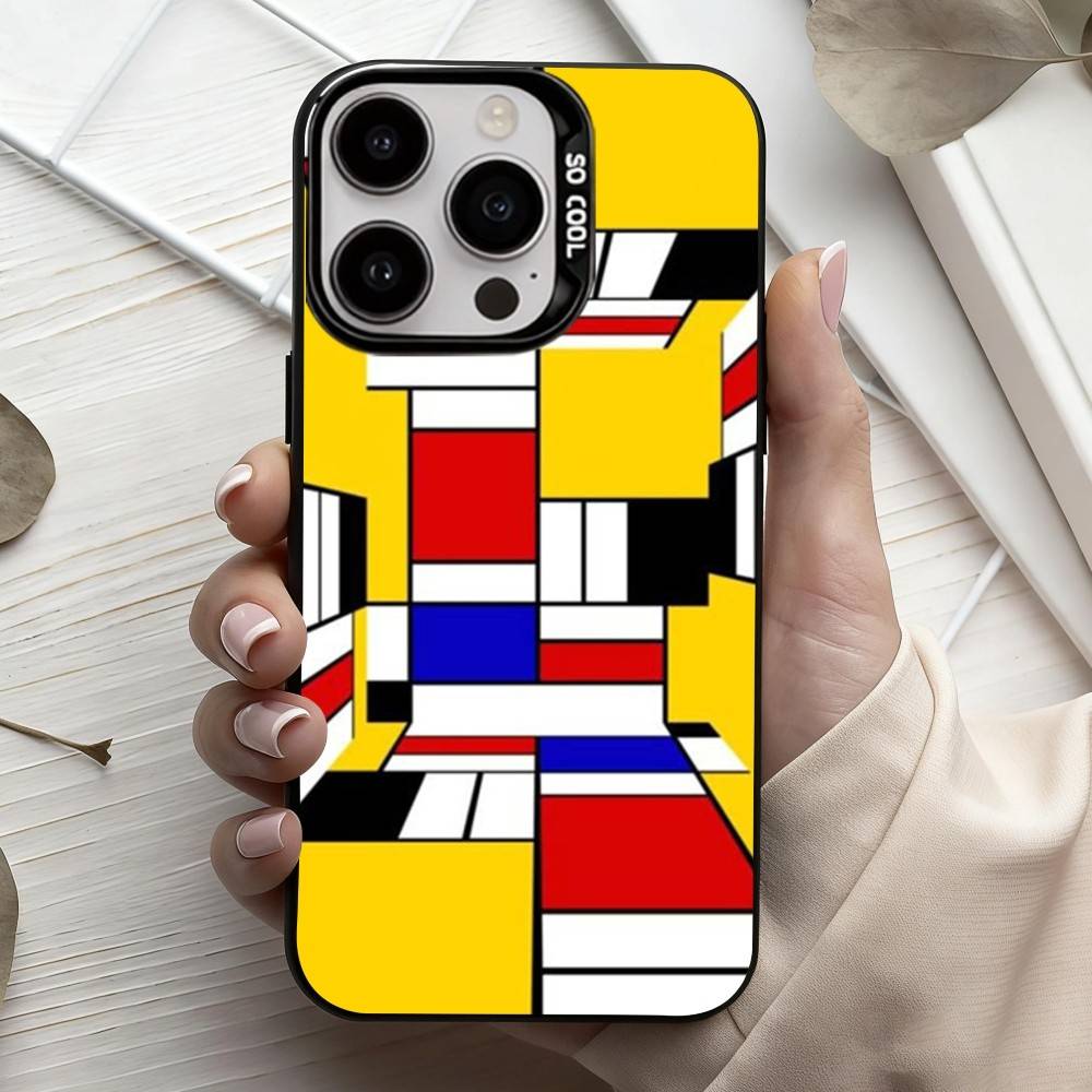 M-Mondrian-B-Bauhaus A-Abstract Shapes Phone Case For iPhone17,16,15,14,13,12,11 Plus,Pro Max Black Candy Silver Plated Cover