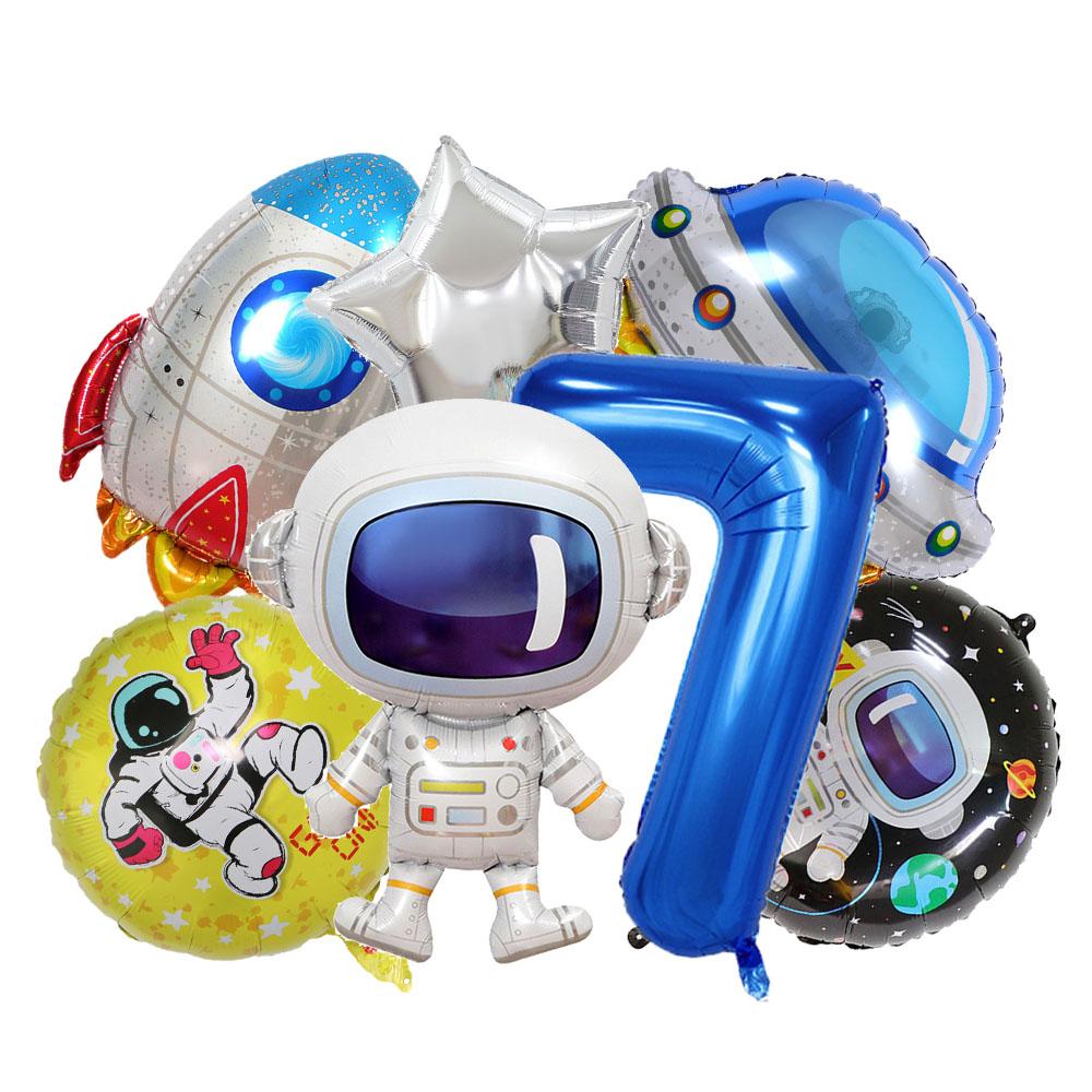 7 Pcs Rocket Astronaut Foil Balloon Universe Outer Space Theme 0-9 Years Old Children Boys Birthday Party Decoration Baby Shower